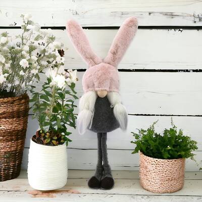 HomeRoots 20" Gray and Pink Fabric Bunny Ears Sitting Gnome - 5.12' X '20.1' X '7.1