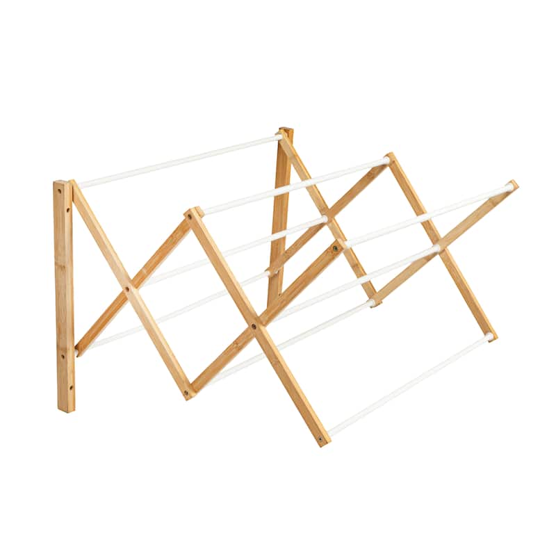 Household Essentials Bamboo and Metal Wall Mount Extendable Drying Rack with 8 Dowels - 28.0"L x 22.5"W x 17.8"H - 28.0"L x 22.5"W x 17.8"H - White
