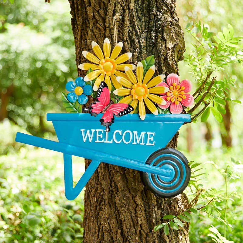 Glitzhome 30"H Metal Spring Garden Cart Yard Stake Wall Decor