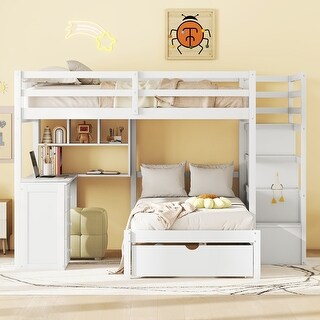 Full over Twin Bunk Bed with Desk, Drawers and Shelves, White