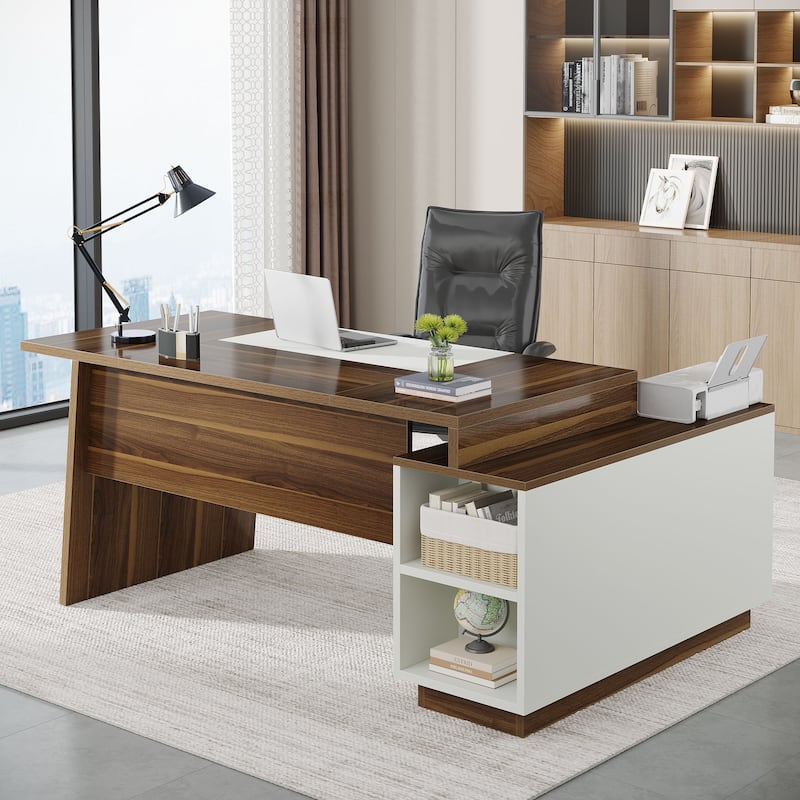 78-Inch L-Shaped Executive Desk with File Cabinet for Home Office - Walnut/White