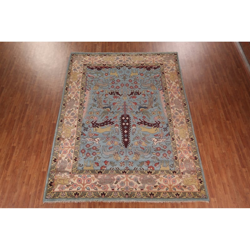 Hunting Animals Blue Ziegler Oriental Area Rug Handmade Wool Carpet - 9'0"x 11'11"