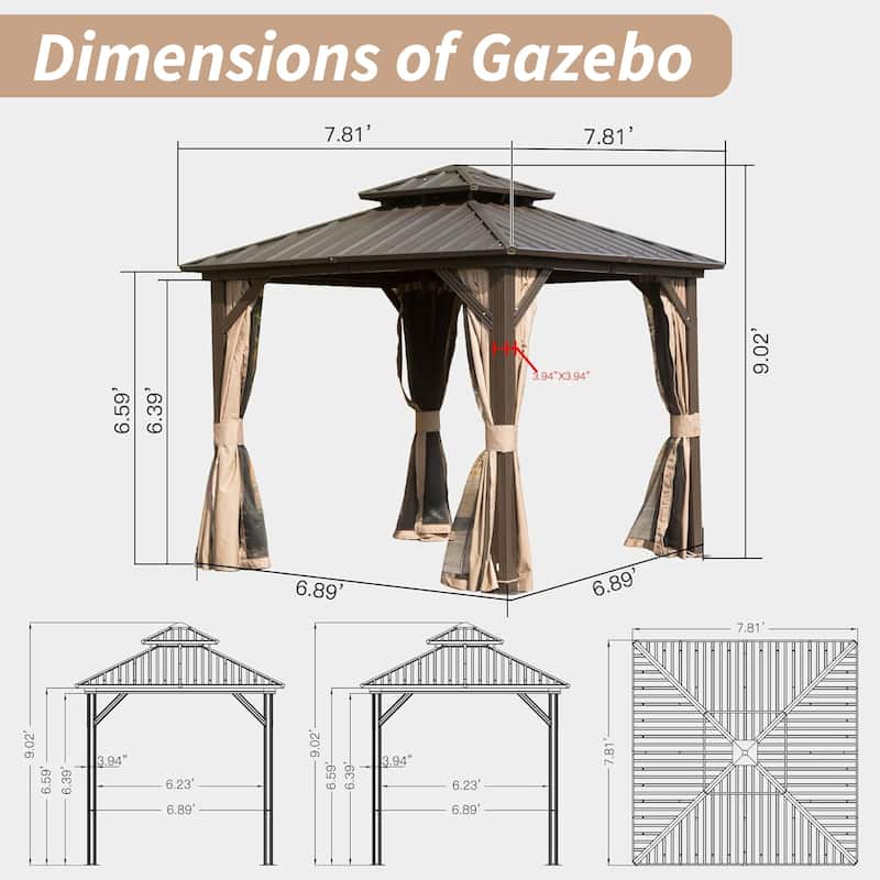 8' X 8' Hardtop Gazebo with Galvanized Steel Double Roof Canopy - Brown