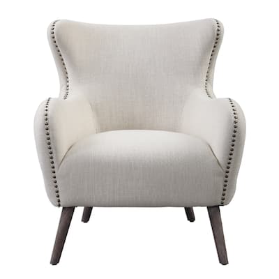 35" Cream Button Tufted Accent Chair with Nailhead Trim and Dowel Legs