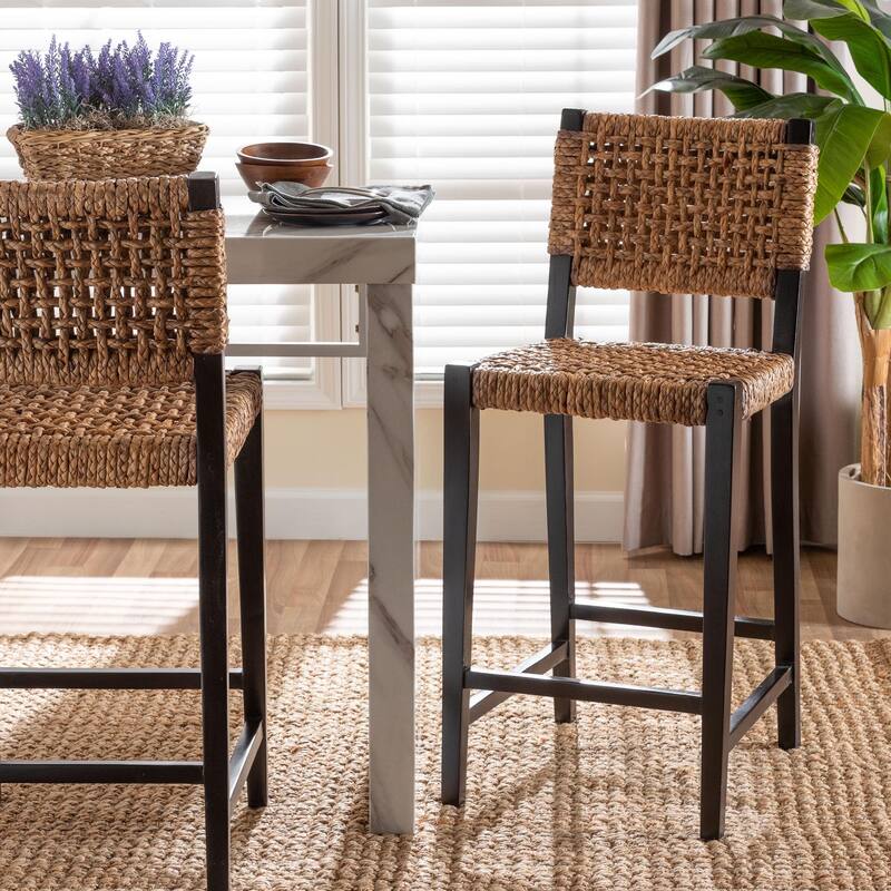 Alise Handwoven Seagrass Bar Stool with Mahogany Wood Frame - Bar-Height Chair for Kitchen or Home Bar, Earthy Brown