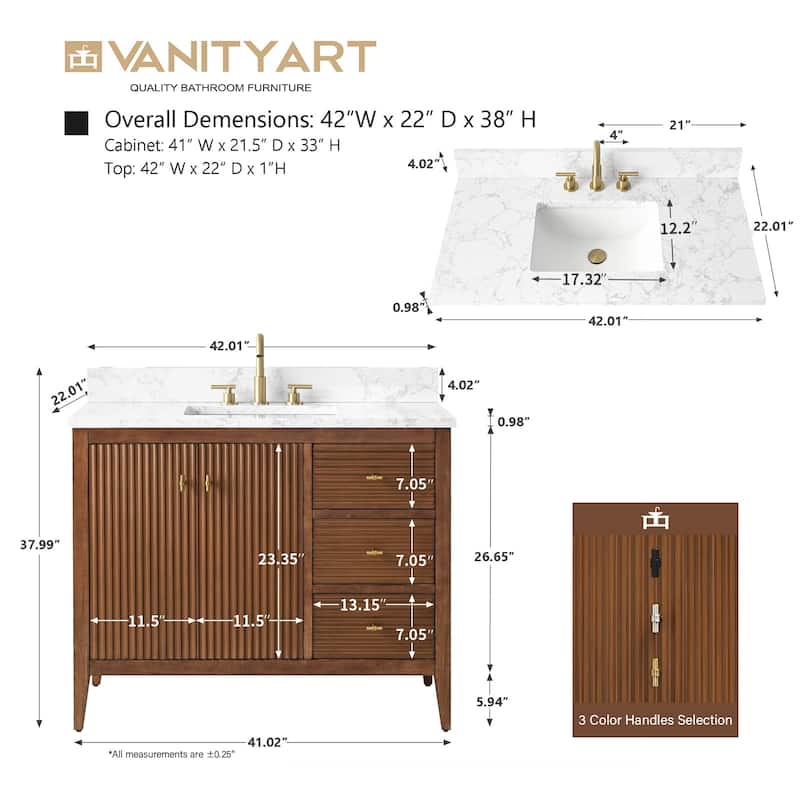 Vanity Art 42" Single Sink Bathroom Vanity Cabinet with Engineered Marble Countertop