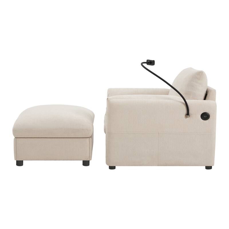 Single Sofa Chair and Storage Ottoman Sets, Chenille Accent Chair Wide Seat Chaise Lounge Couch with Phone Holder & USB Chargers