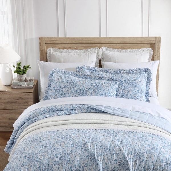 Laura Ashley Quartet Blue Ruffled Reversible Quilt Set
