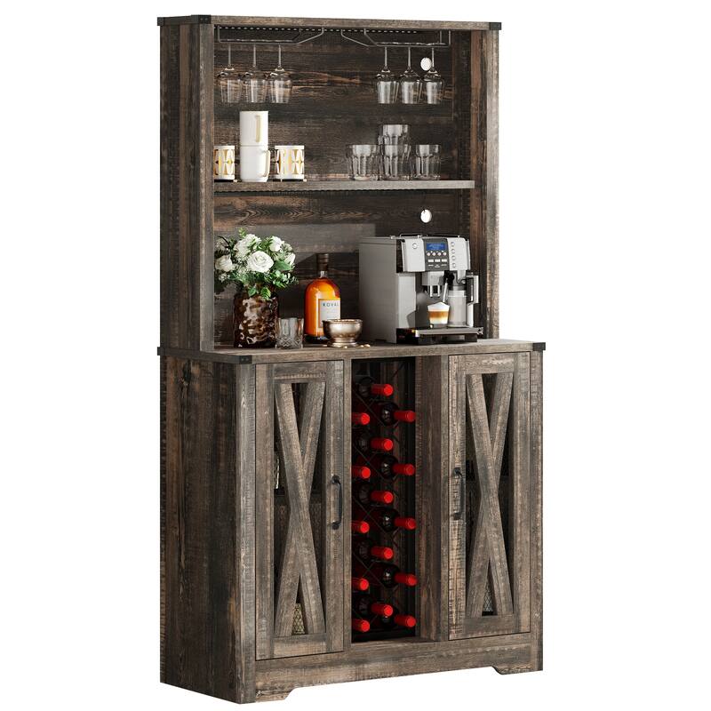 Moasis Bar Cabinet with Wine Rack LED Lights, Sideboard Buffet Storage Cabinet - Dark Oak