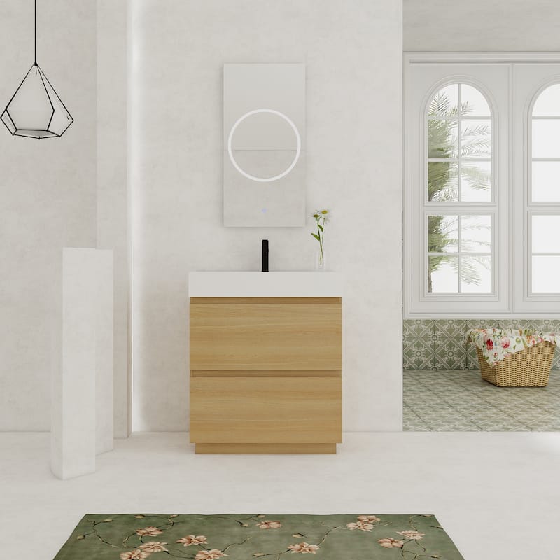 GDFStudio - Lecce Modern Freestanding Bathroom Vanity Set with Resin Sink, 2 Soft Close Drawers & Antirust Hardware - 30" - Oak