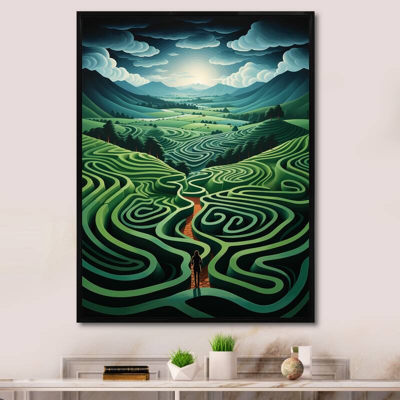 Designart "Emerald Maze Surreal Illusions" Surrealism Green Wall Decor - Modern Entryway Framed Wall Art Print - 30 in. wide x 40 in. high - Black