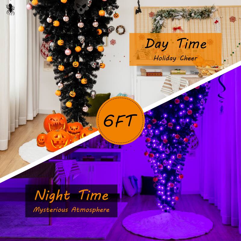 Gymax 6FT Pre-lit Upside Down Black Halloween Tree Artificial - See Details