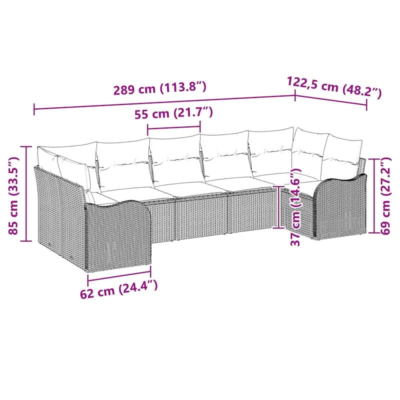 vidaXL 7 Garden Sofa Set with Cushions Black/Brown/Grey Poly Rattan - 113.8 x 48.2 x 27.2