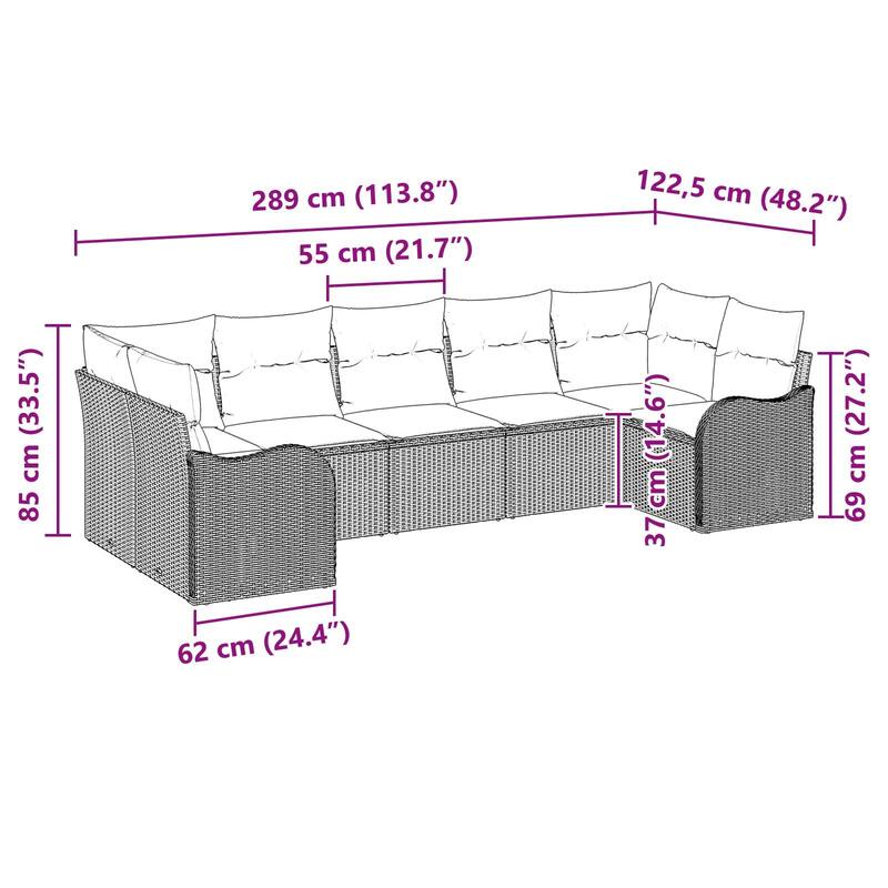 vidaXL 7 Piece Garden Sofa Set with Cushions Black Poly Rattan - 24 x 48 x 27 in