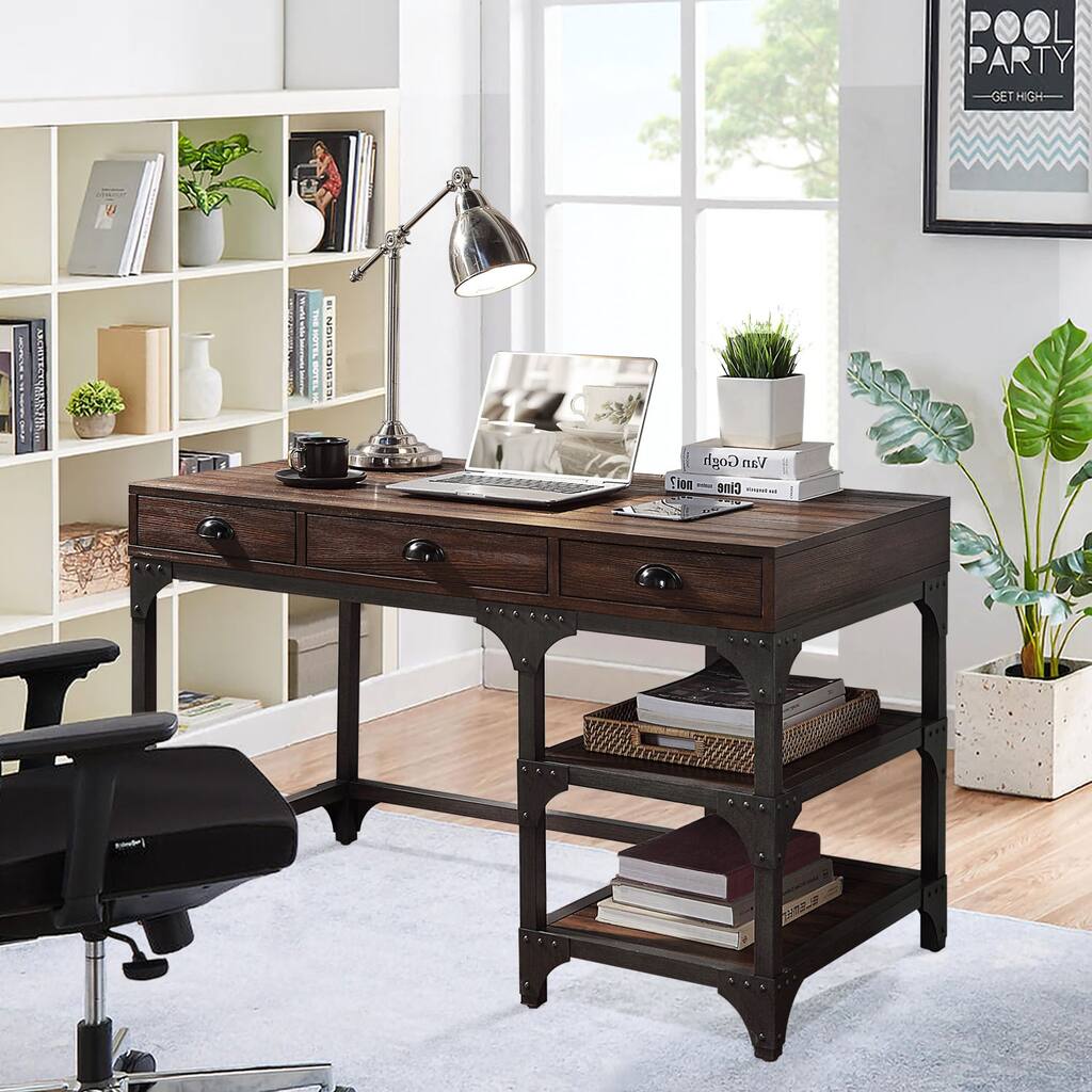 Topcraft Antique Computer Desk with Drawers & Shelves, Espresso Oak