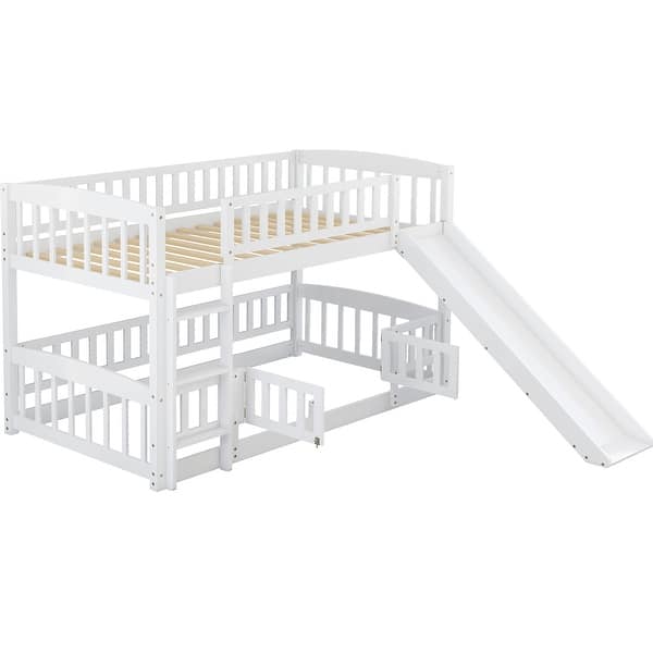 slide 2 of 10, Twin Over Twin Wooden Bunk Bed,Low Bunk Bed with Built-In Ladders and Slides White