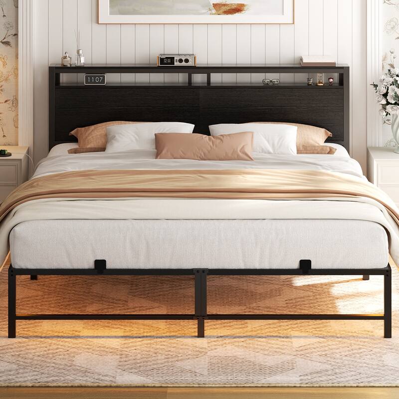 Bed Frame with headboard, Metal Platform Bed with LED Lights and Charging Station