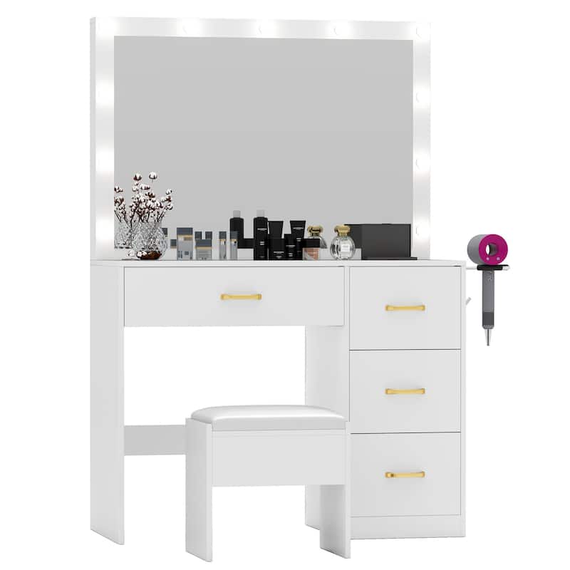 Moasis 42.1" White Mirror Makeup Vanity Table with Stool and Light Strip