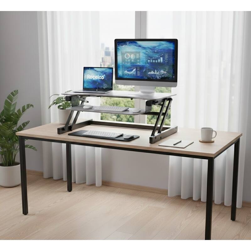Rocelco 46 in. W Black Height Adjustable Corner Standing Desk Converter Dual Monitor Riser with Gas Spring Assist Design