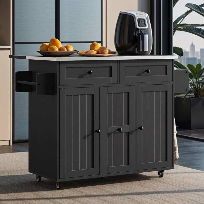 Moasis Wooden Kitchen Island with Drop Leaf Rolling Cart Extra Large Work Surface and Storage Drawers Towel Spice Rack - Black - Portable
