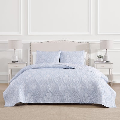 Laurel Cornflower Blue All-Season Soft Woven Matelasse Jacquard Reversible Cotton Blend Quilt Set