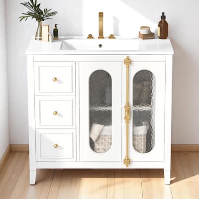 Modern 36 Inch Bathroom Vanity with Sink, Solid Wood Frame, Soft-Close Doors, 3 Drawers, White Cabinet