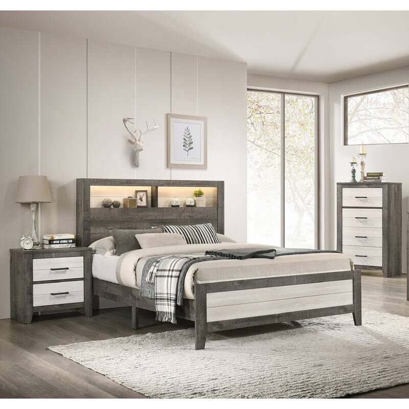 Two-tone Nightstand with Two Drawers and Metal Pull Handles, Gray Beige Finish