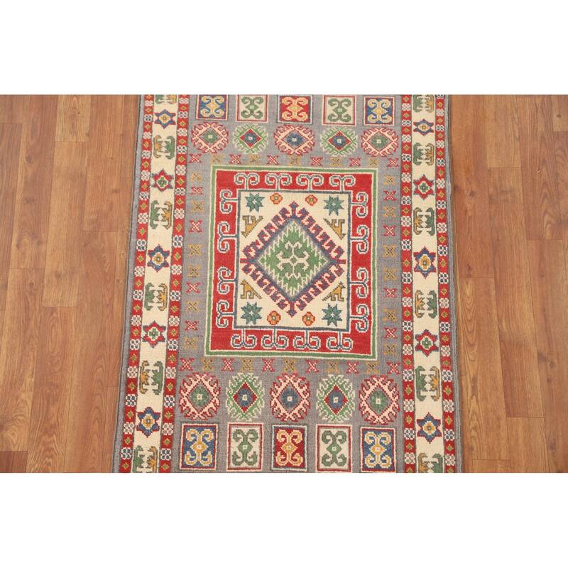 Geometric Grey Kazak Foyer Rug Handmade Wool Carpet - 2'7" x 4'2"