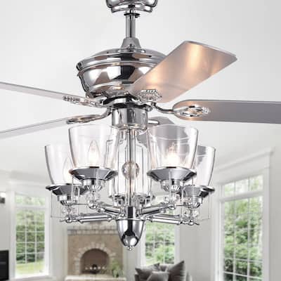 Monothan Chrome Lighted Ceiling Fan with Glass Cup Branched Chandelier (Includes Remote and 2 Color Option Blades)