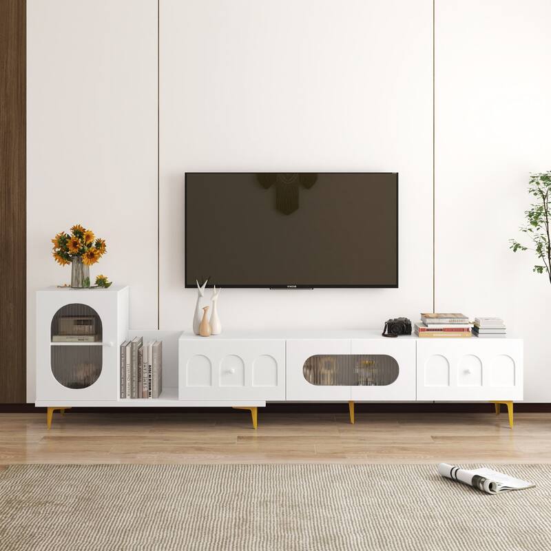 Modern Extendable TV Stand Rectangle TV Stand, Media TV Console with Storage Space, for Living Room Bedroom, White - White