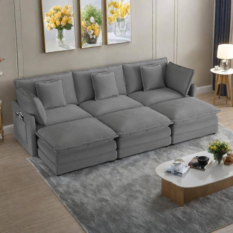 112.6" Corduroy Modular Sectional Sofa with 3 Movable Ottomans, Side Storage Pockets, and Two-Layer Foam Cushions - DARK GREY