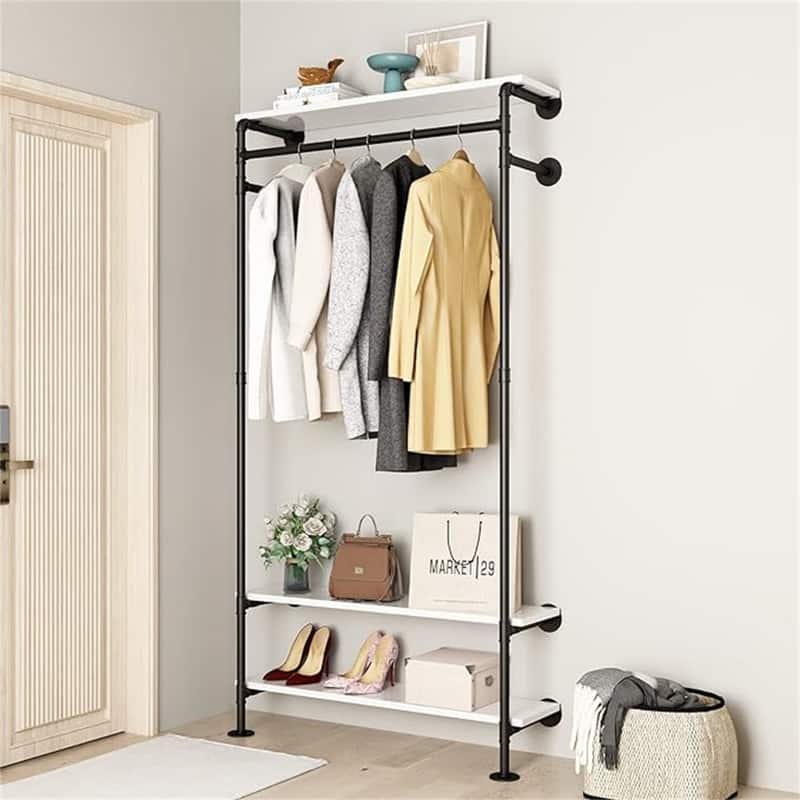Industrial Pipe Clothing Racks with White Shelves - 9.8"D x 39.3"W x 80.8"H - pipe-black white