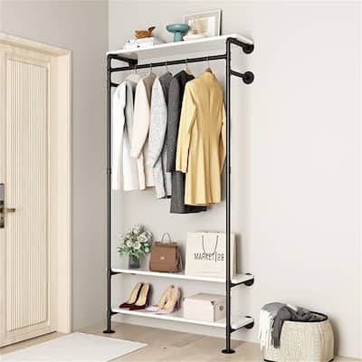 Industrial Pipe Clothing Racks with White Shelves - 9.8"D x 39.3"W x 80.8"H