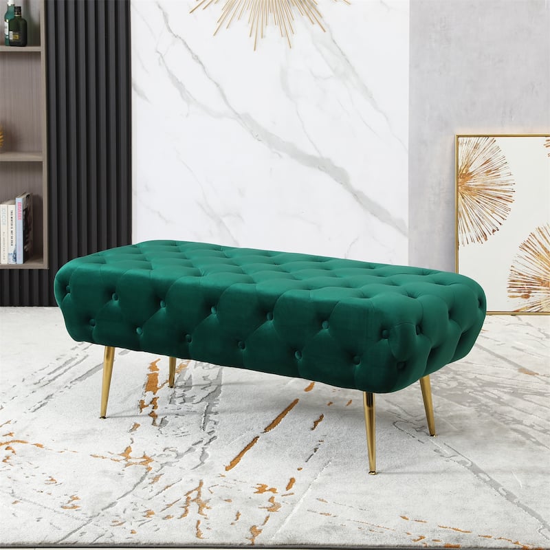 Velvet Button Tufted Bench with Gold Metal Legs - Green