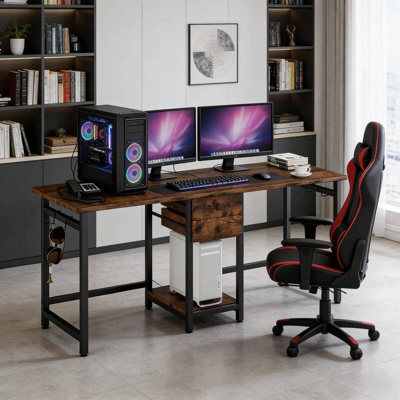 Extra-Large 2-Person Office Desk with Drawers, Open Shelf and Steel Frame