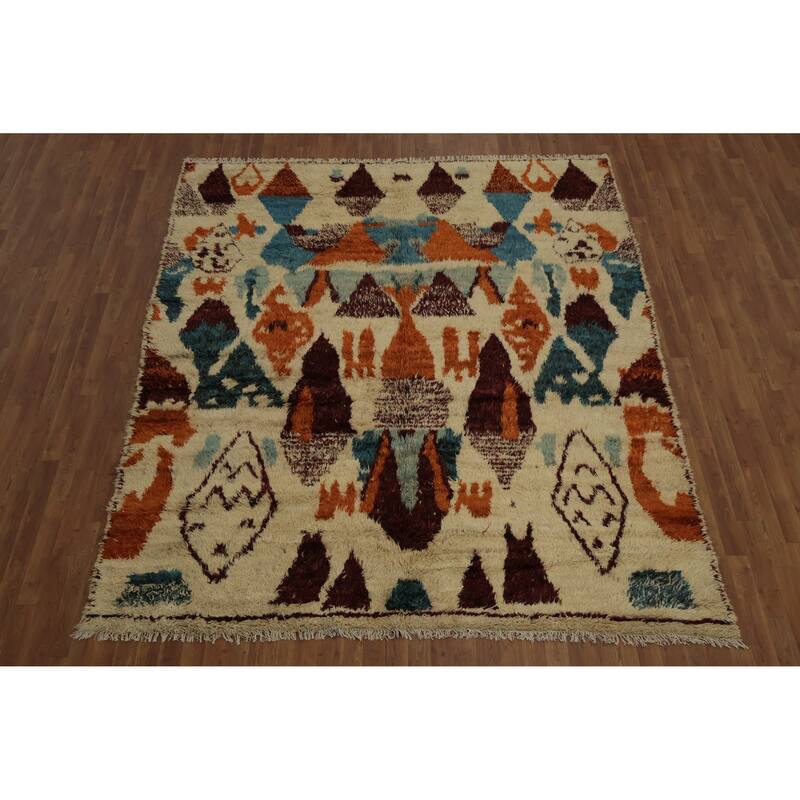 Hand Knotted Oriental 100% Wool Carpet Modern Tribal Beige & Ivories Moroccan Area Rug - 9' 2'' X 8' 2''