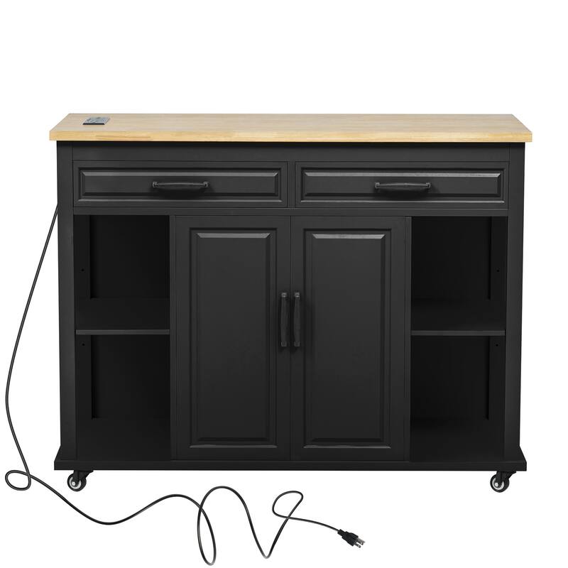 Kitchen Island with Extendable Dining Table,Rubber Wood Veneer Kitchen Table with Internal Storage Rack,Power Outlet - N/A