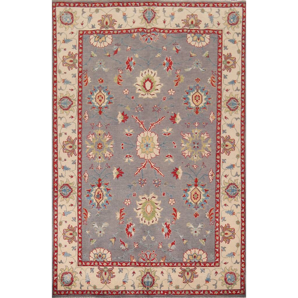 Gray Floral Oushak Oriental Area Rug Hand-Knotted Wool Carpet - 6'0" x 8'11"