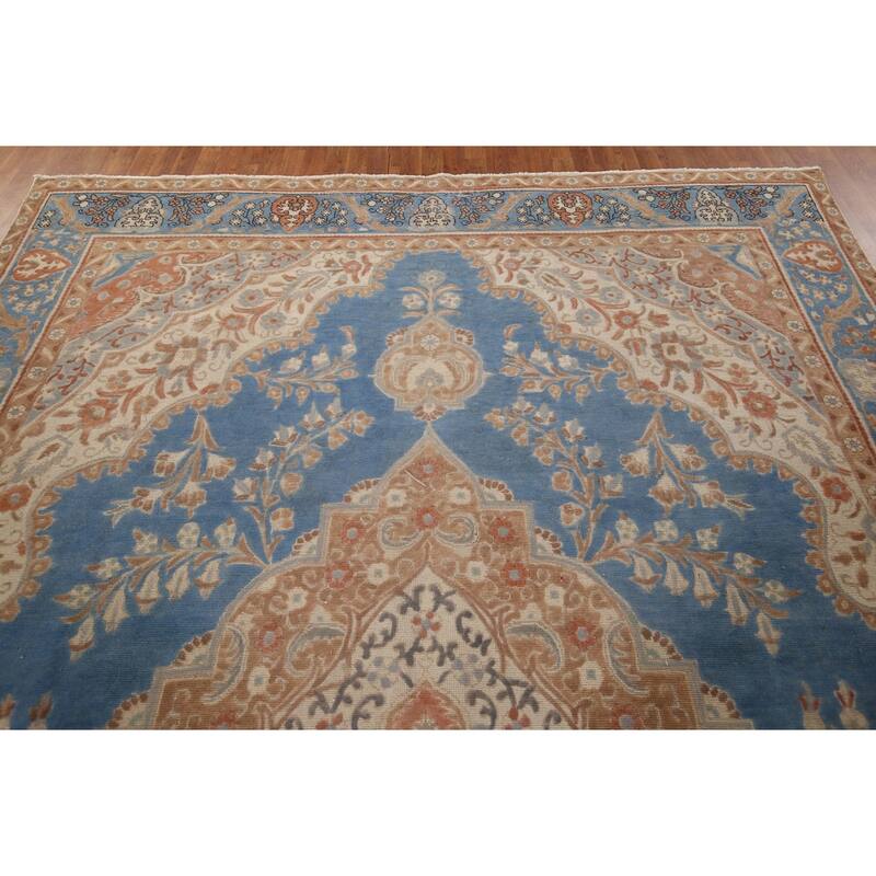Blue Tabriz Persian Vintage Rug Hand-Knotted Wool Carpet - 9'3" x 12'11"
