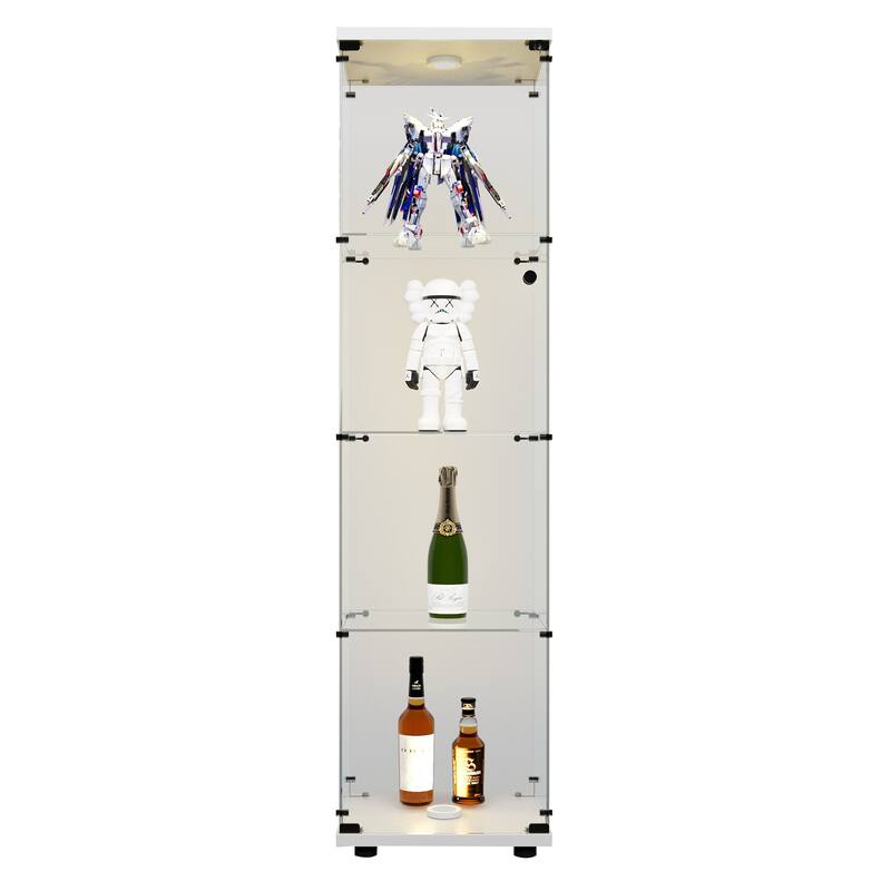 LED lights Glass Display Cabinet 4 Shelves with Door and Lock, Floor Standing Curio Bookshelf for Living Room Bedroom Office