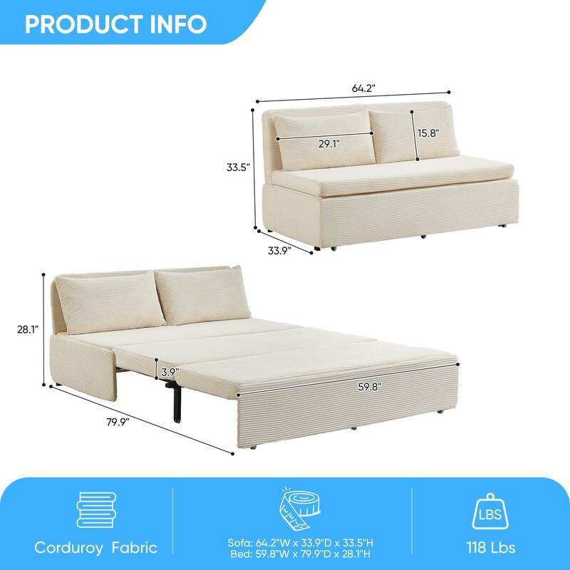 Mixoy Corduroy Fabric Queen Size/Twin Size Sofa Bed, 2-in-1 Modern Pull Out Sleeper Sofa Bed
