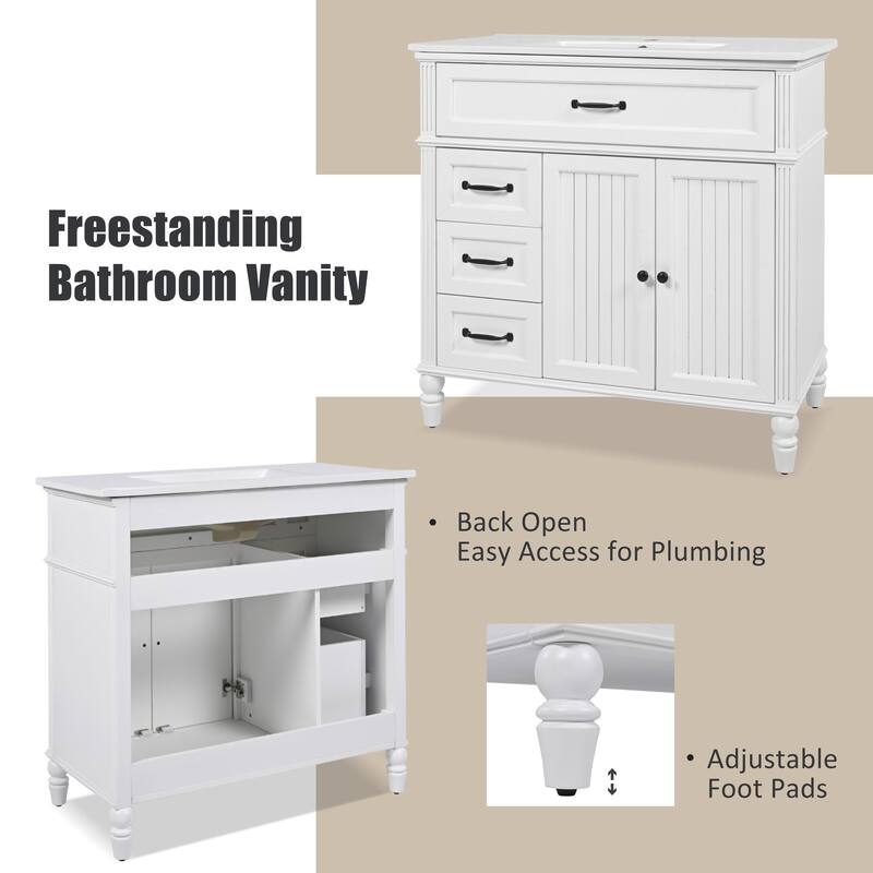 36" Bathroom Vanity with Sink, Freestanding Cabinet with 2 Drawers & Double Doors, Solid Wood Frame, Soft-Close Design