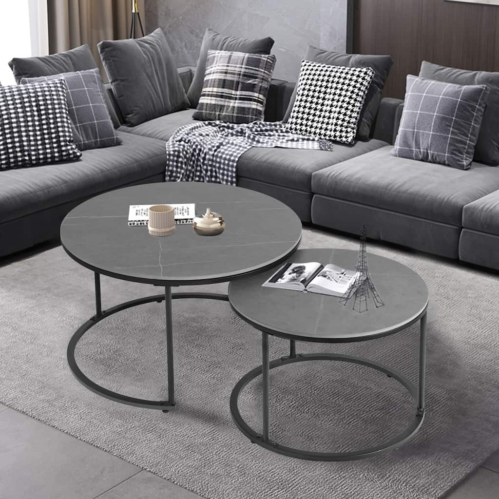 Nesting Coffee Table Black Metal Frame with Round Sintered Stone Top ...