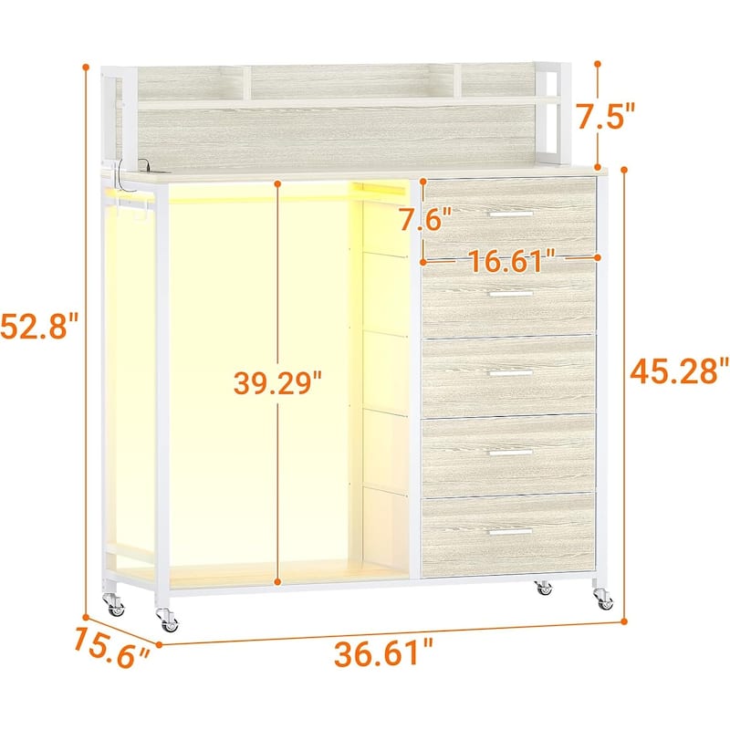 5 Drawers Dresser with Charging Station & LED Lights, Chest of Drawers with Hanging Rod ＆ Lockable Wheels ＆ Storage Shelves