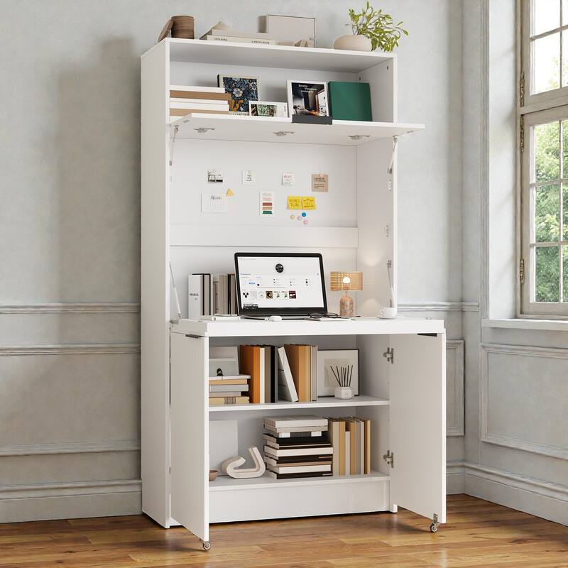 Compact Kitchen Pantry Cabinet with Hutch, Foldable Workstation, Power Outlet, 69 Inch Buffet Storage