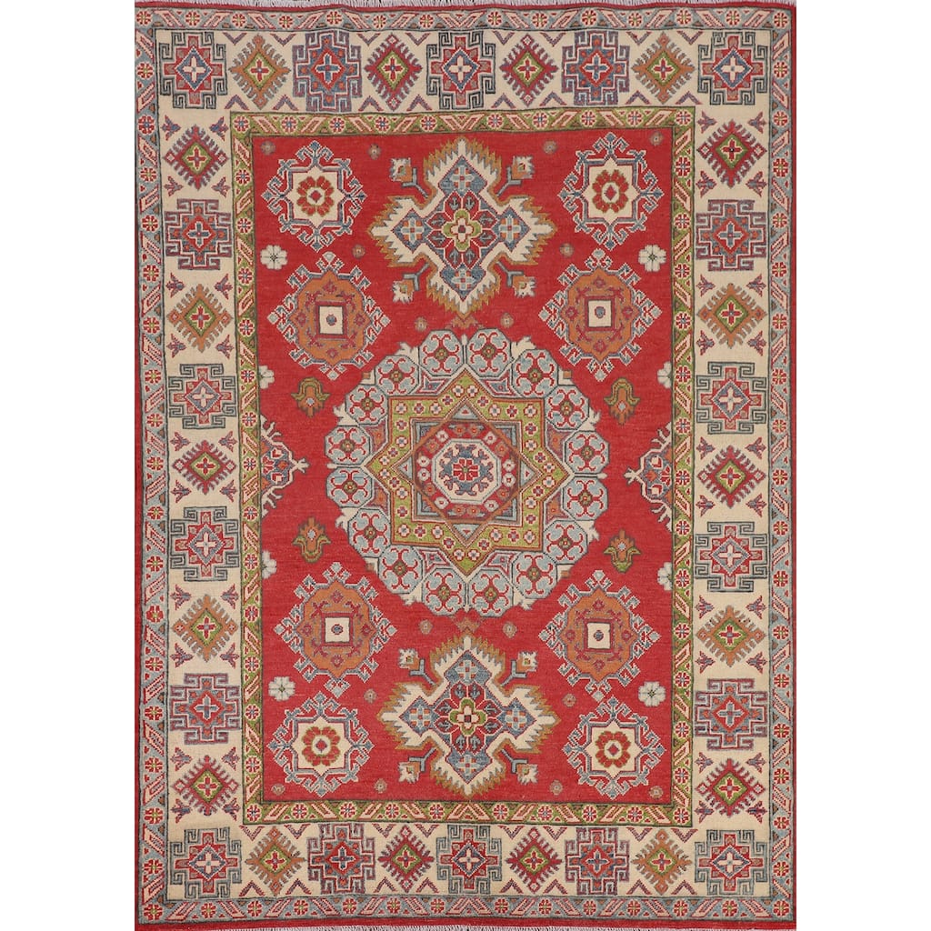 Geometric Kazak Area Rug Handmade Oriental Red Living Room Wool Carpet - 4'11" x 6'8"