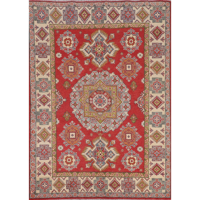 Geometric Kazak Area Rug Handmade Oriental Red Living Room Wool Carpet - 4'11" x 6'8"