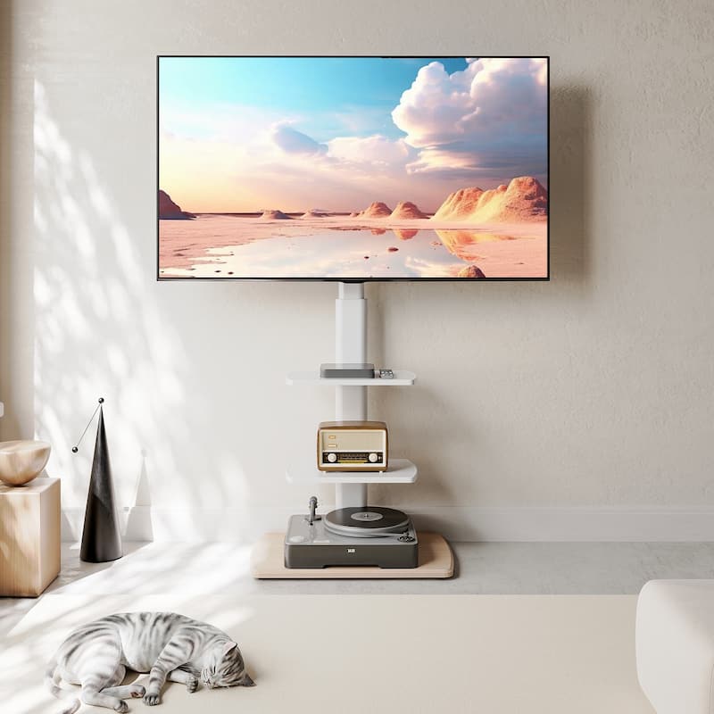 FITUEYES Sturdy Wood Base Floor TV Stand for 32-70 inch TVs with Two Shelves - White