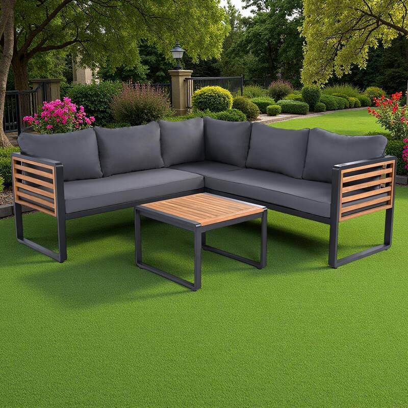 4-Pieces Outdoor Iron L-Shaped Sectional Sofa Set with Coffee Table and Soft Cushion - Gray