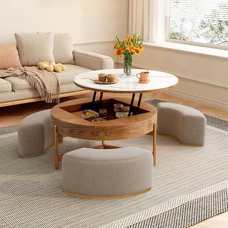 Modern Round Faux Marble Lift-Top Coffee Table Set with Stools and Storage - L 31.5'×W 31.5'×H 19.29'